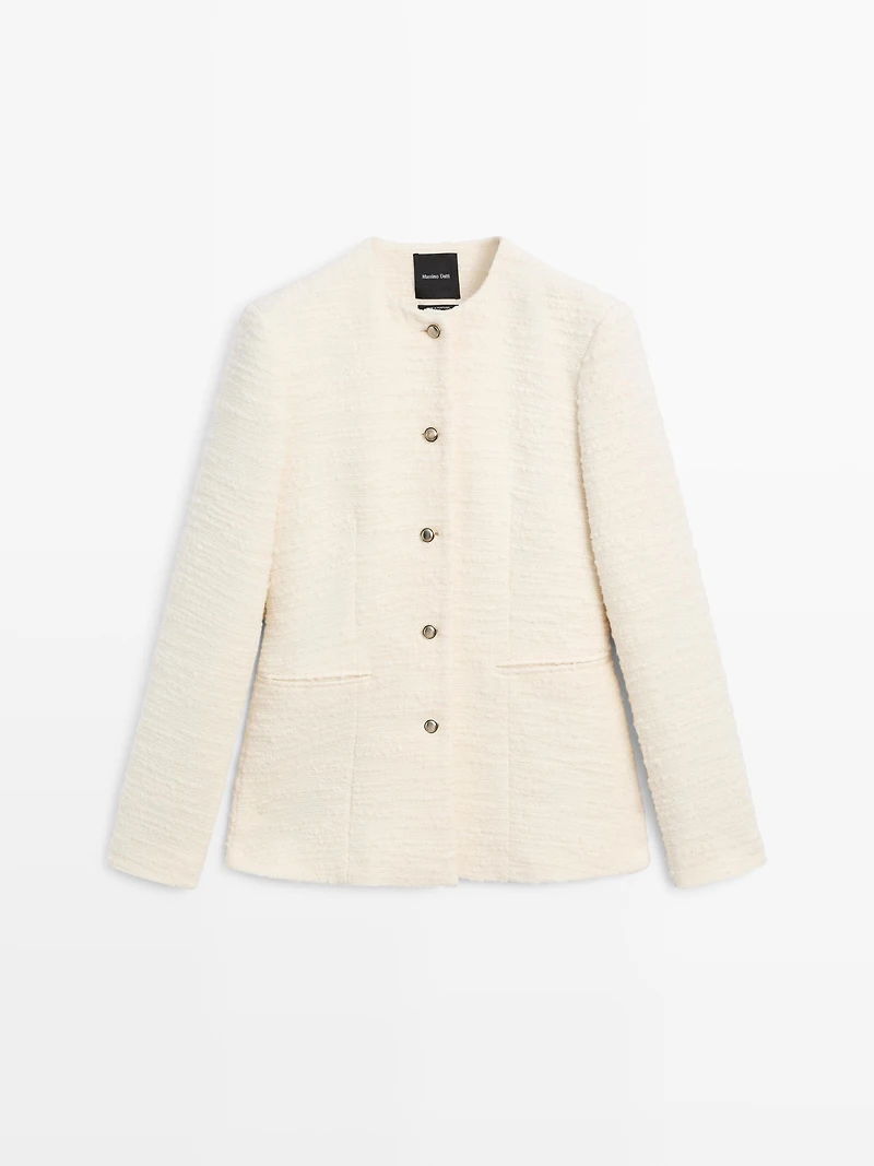 Textured wool blend jacket with rhinestone buttons