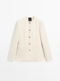 Textured wool blend jacket with rhinestone buttons