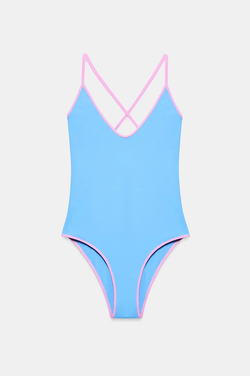 SOLID SWIMSUIT WITH CONTRAST STRAPS