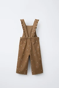 EMBROIDERED FLOWER CORDUROY LONG OVERALLS