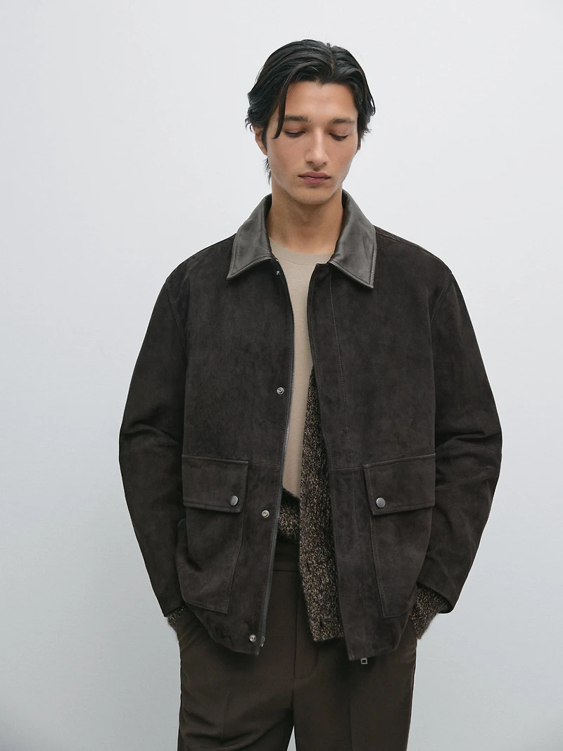 Suede leather jacket with collar detail