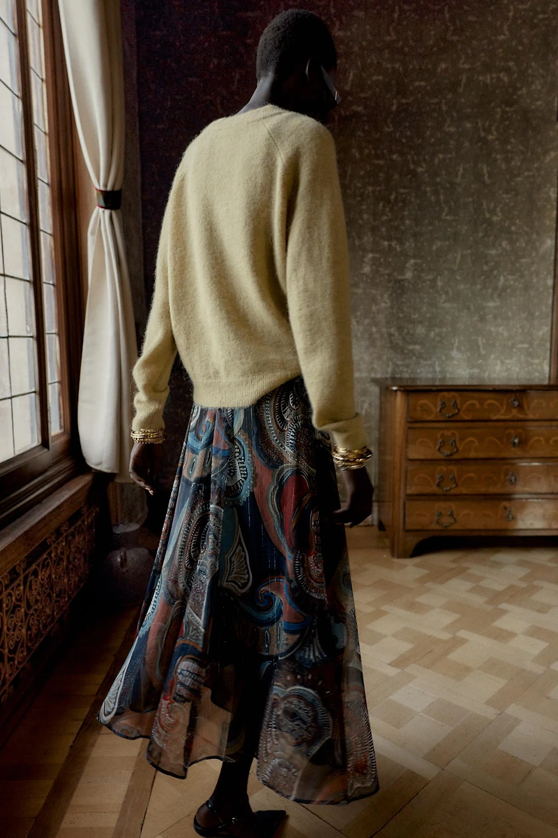 METALLIC THREAD PRINTED MIDI SKIRT WITH BELT