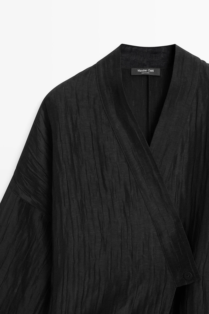 Textured linen blend V-neck kimono