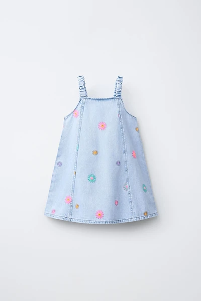FLORAL EMBROIDERED DENIM DRESS