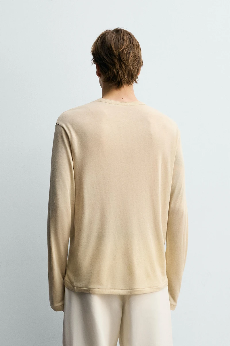 T-SHIRT COL TUNISIEN VISCOSE ET LIN