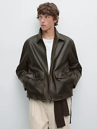 Distressed effect short nappa leather jacket