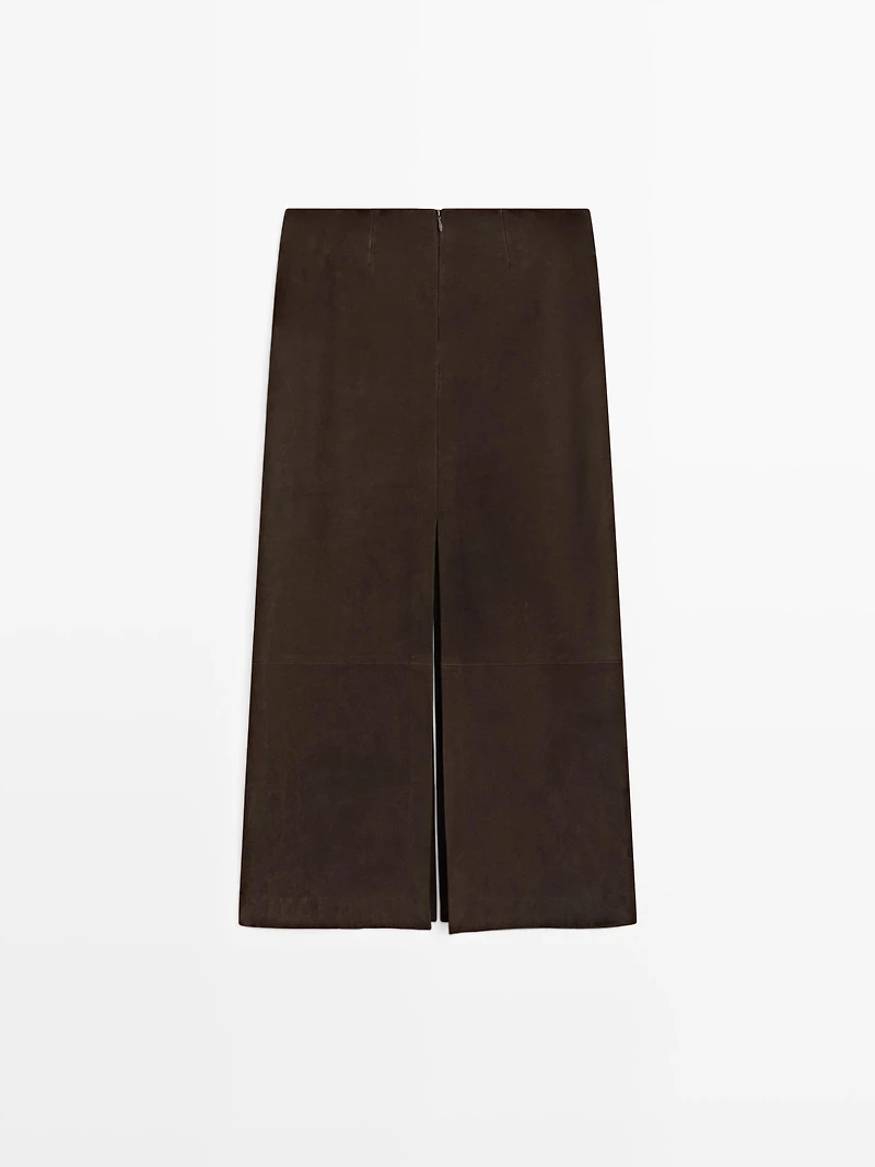 Straight nubuck leather midi skirt