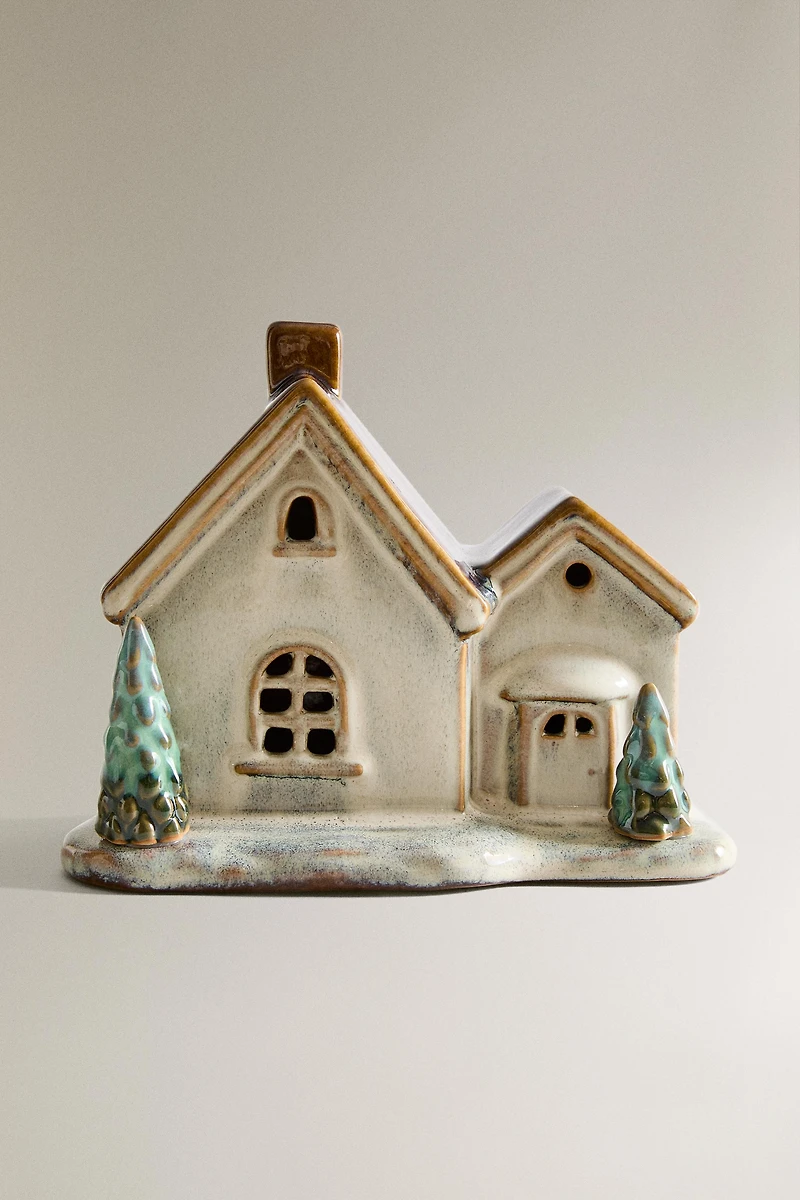 LIGHT-UP PORCELAIN HOUSE WITH PINE TREES CHRISTMAS ORNAMENT