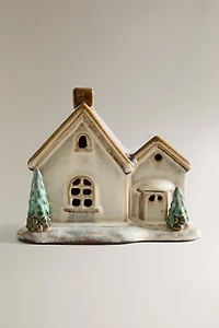 LIGHT-UP PORCELAIN HOUSE WITH PINE TREES CHRISTMAS ORNAMENT