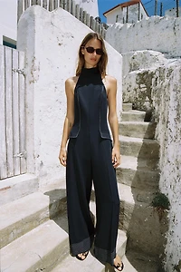 CONTRAST PIPING HALTER JUMPSUIT