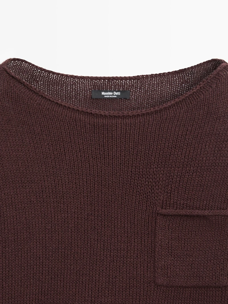 Cotton and linen knit sweater with pocket detail