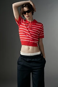 STRIPED SHORT SLEEVE KNIT POLO TOP