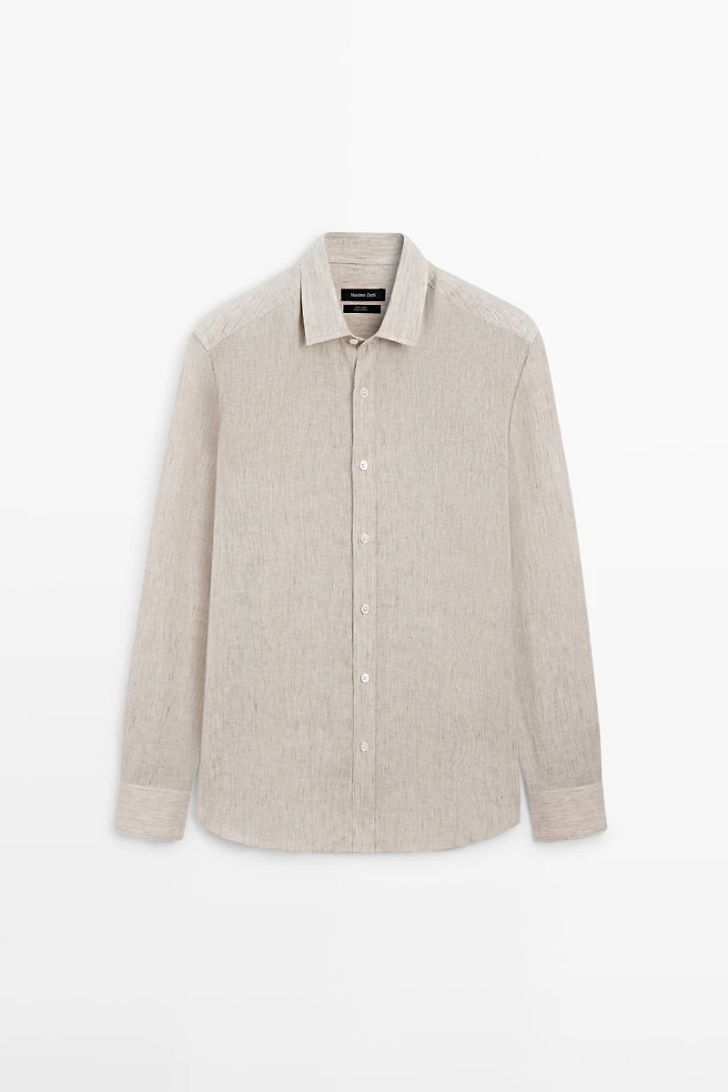 Regular fit washed striped 100% linen shirt