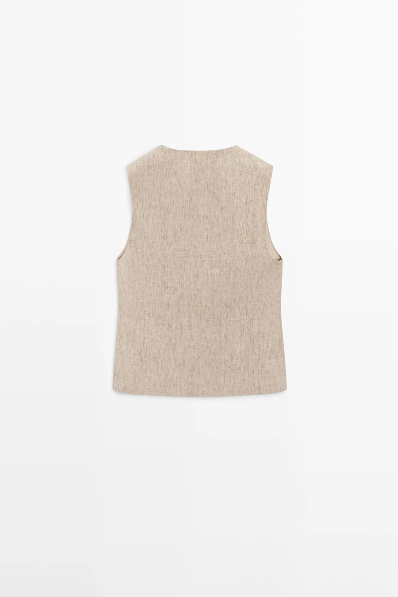 Veste sans manches mélangée détails boutons lin