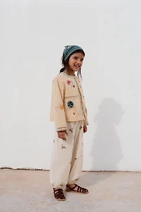 COTTON LINEN BLEND CROSS STITCH EMBROIDERED PANTS