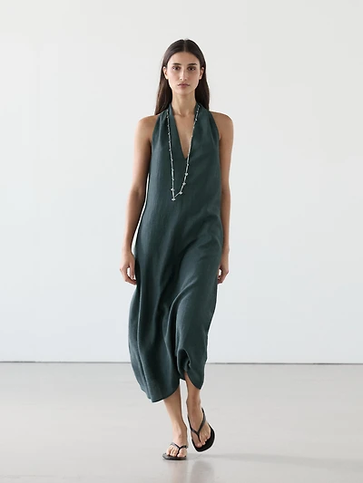 Linen blend midi dress with V-neckline