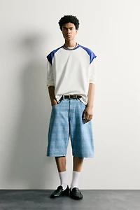 PRINTED WASHED DENIM JORTS