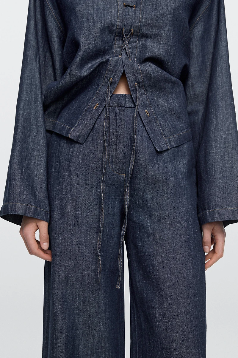 Total look linen blend wide-leg jeans