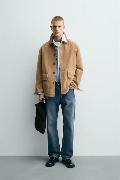 VESTE EN CUIR VELOURS AVEC COL BIMATIÈRE