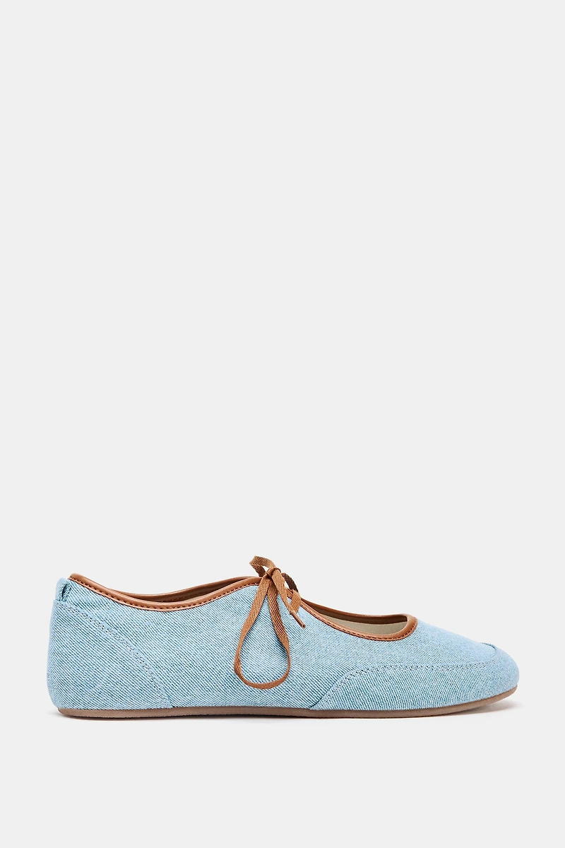 DENIM EFFECT BALLET FLATS WITH BOW