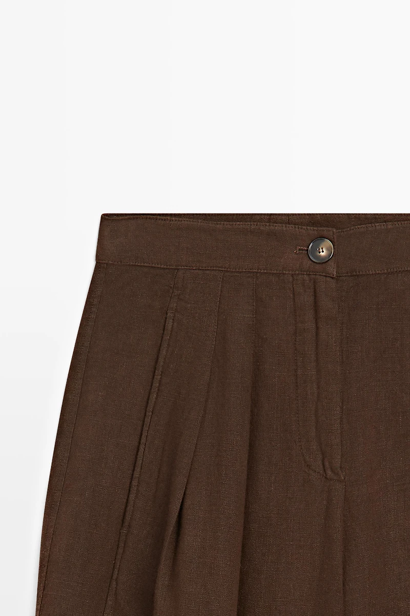 100% linen wide-leg pleated trousers