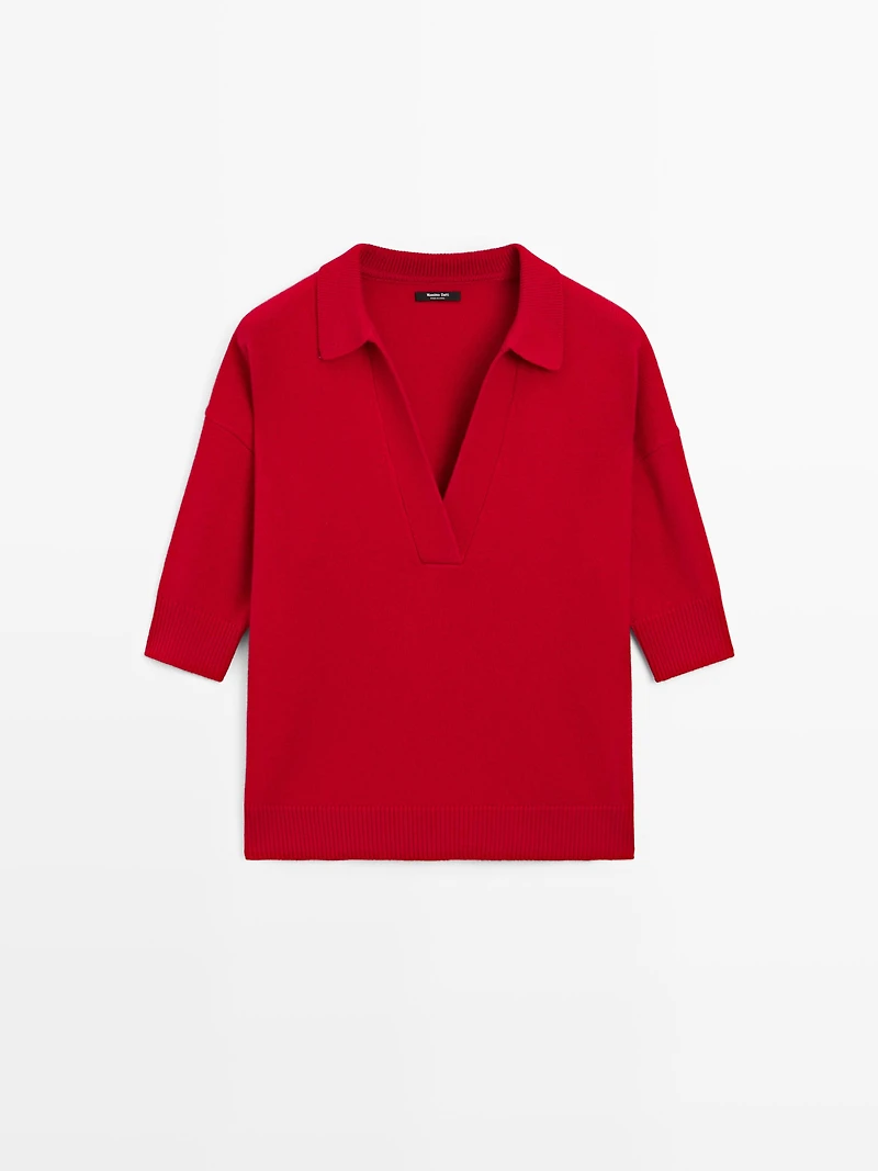 Polo col V en maille de laine mélangée