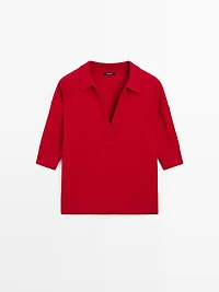 Polo col V en maille de laine mélangée