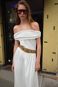 OFF-THE-SHOULDER COMBINATION MIDI DRESS WITH BELT