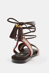 TIED STRIPED FABRIC SANDALS