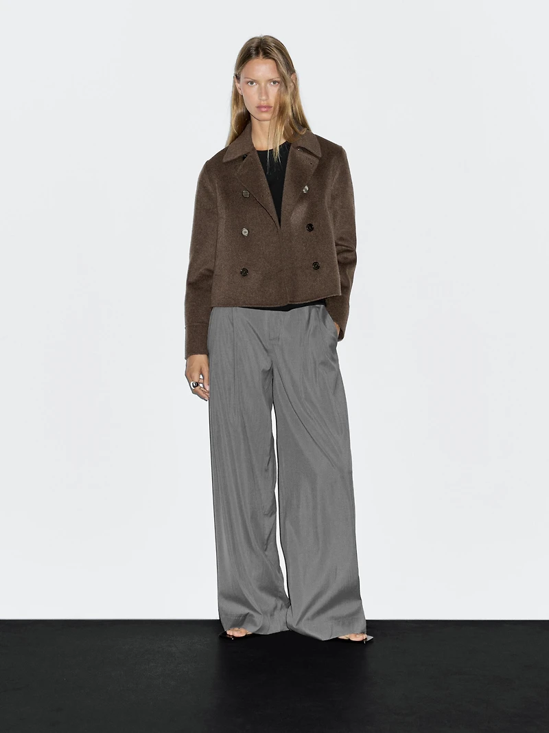 Short double-breasted wool blend coat