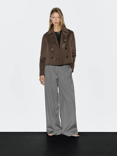 Short double-breasted wool blend coat