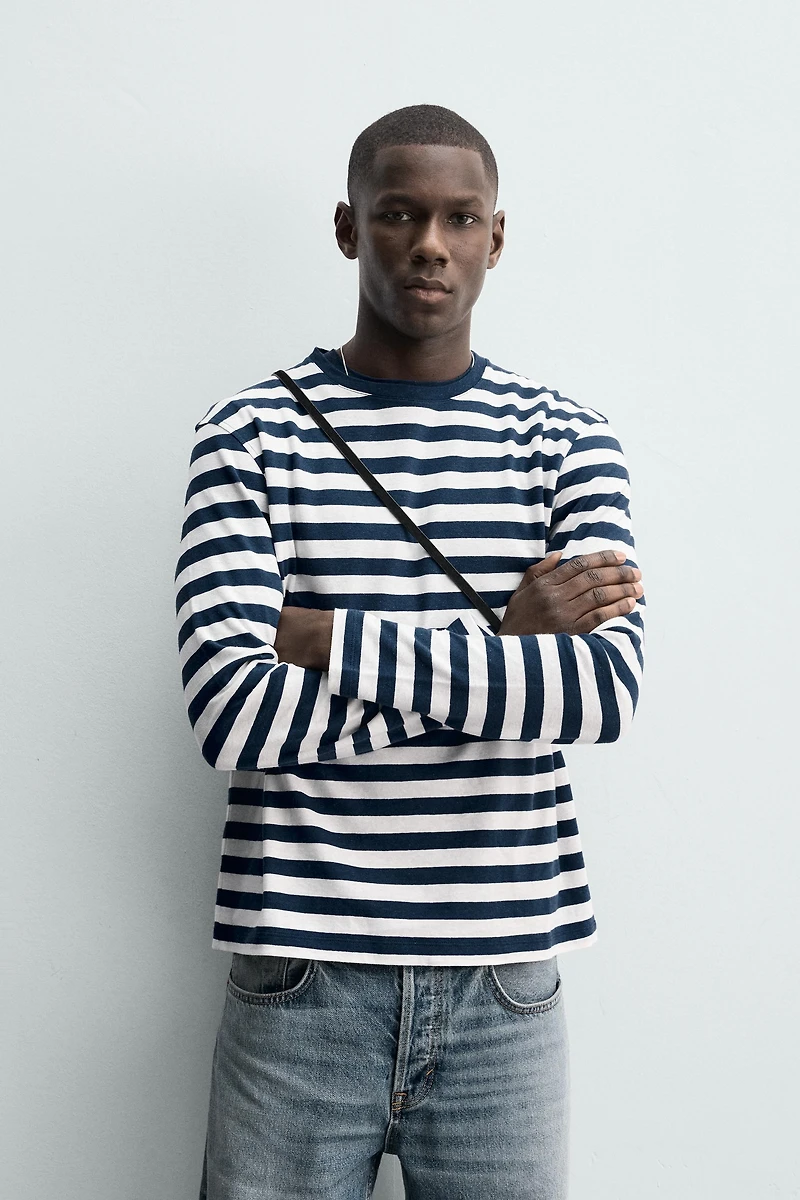 STRIPED LINEN COTTON BLEND LONG SLEEVE T-SHIRT
