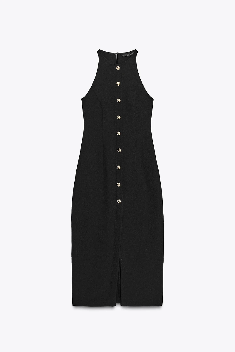 GOLD BUTTON CREPE MIDI DRESS