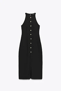 GOLD BUTTON CREPE MIDI DRESS