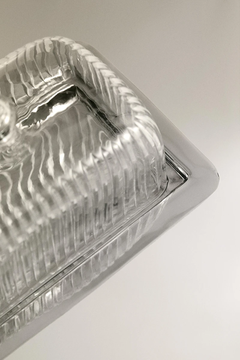 GLASS BUTTER DISH WITH METAL BASE