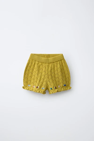 COTTON LINEN EMBROIDERED KNIT SHORTS