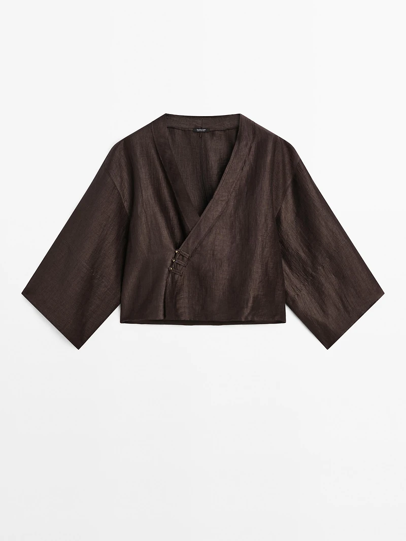 Linen blend crossover kimono