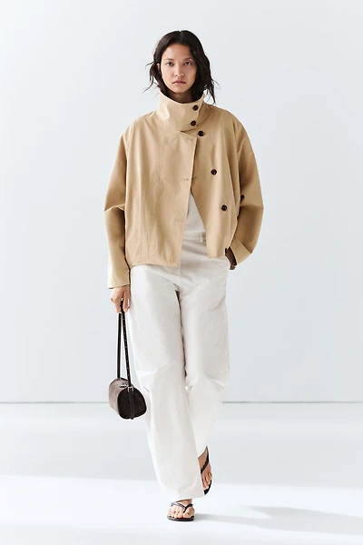 Pleated stand-collar bomber jacket