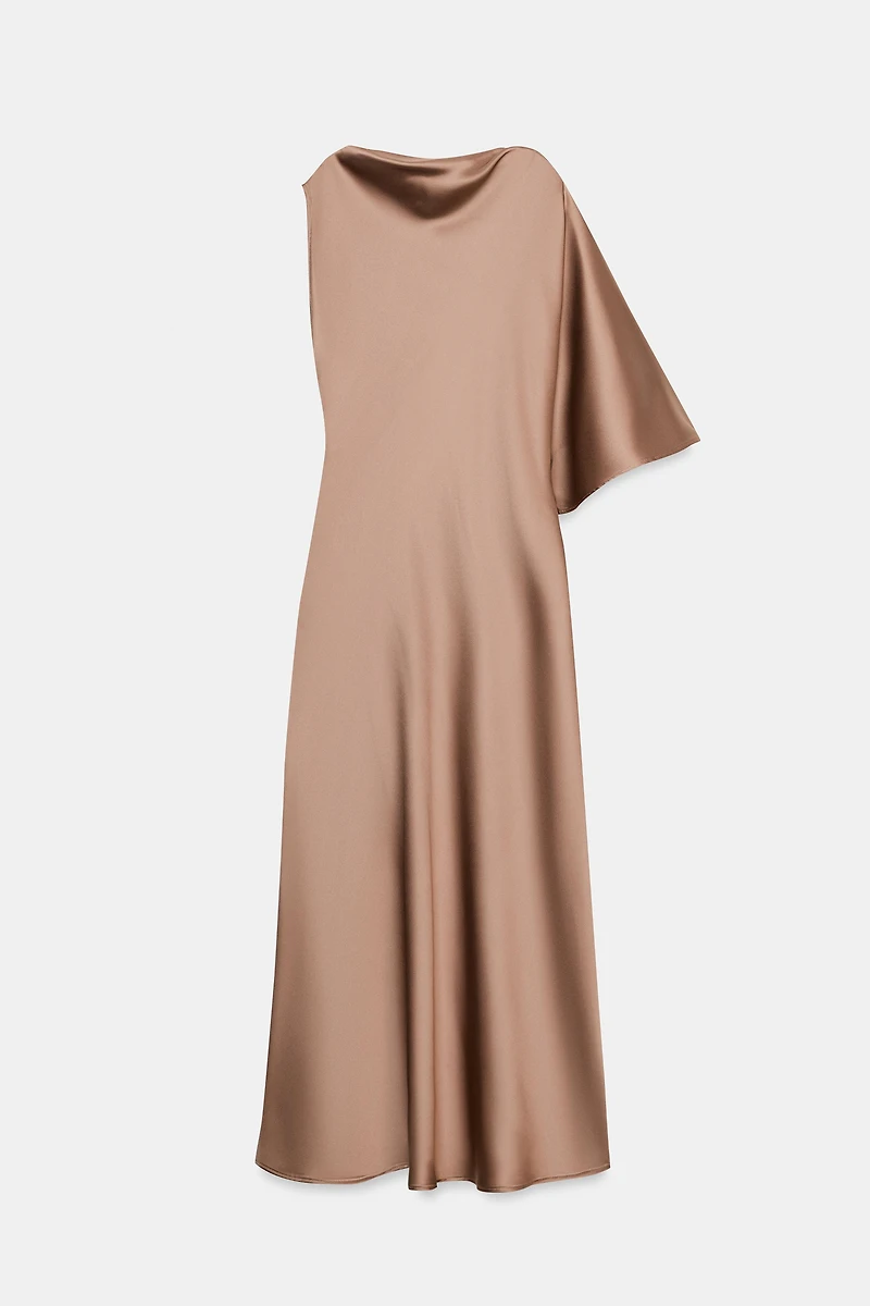 ASYMMETRIC SLEEVE SATIN EFFECT MIDI DRESS
