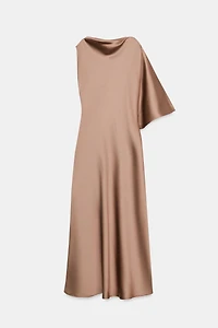 ASYMMETRIC SLEEVE SATIN EFFECT MIDI DRESS