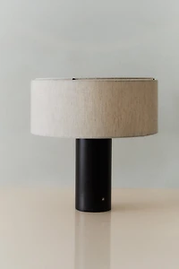 LARGE WOOD AND LINEN CORDLESS TABLE LAMP