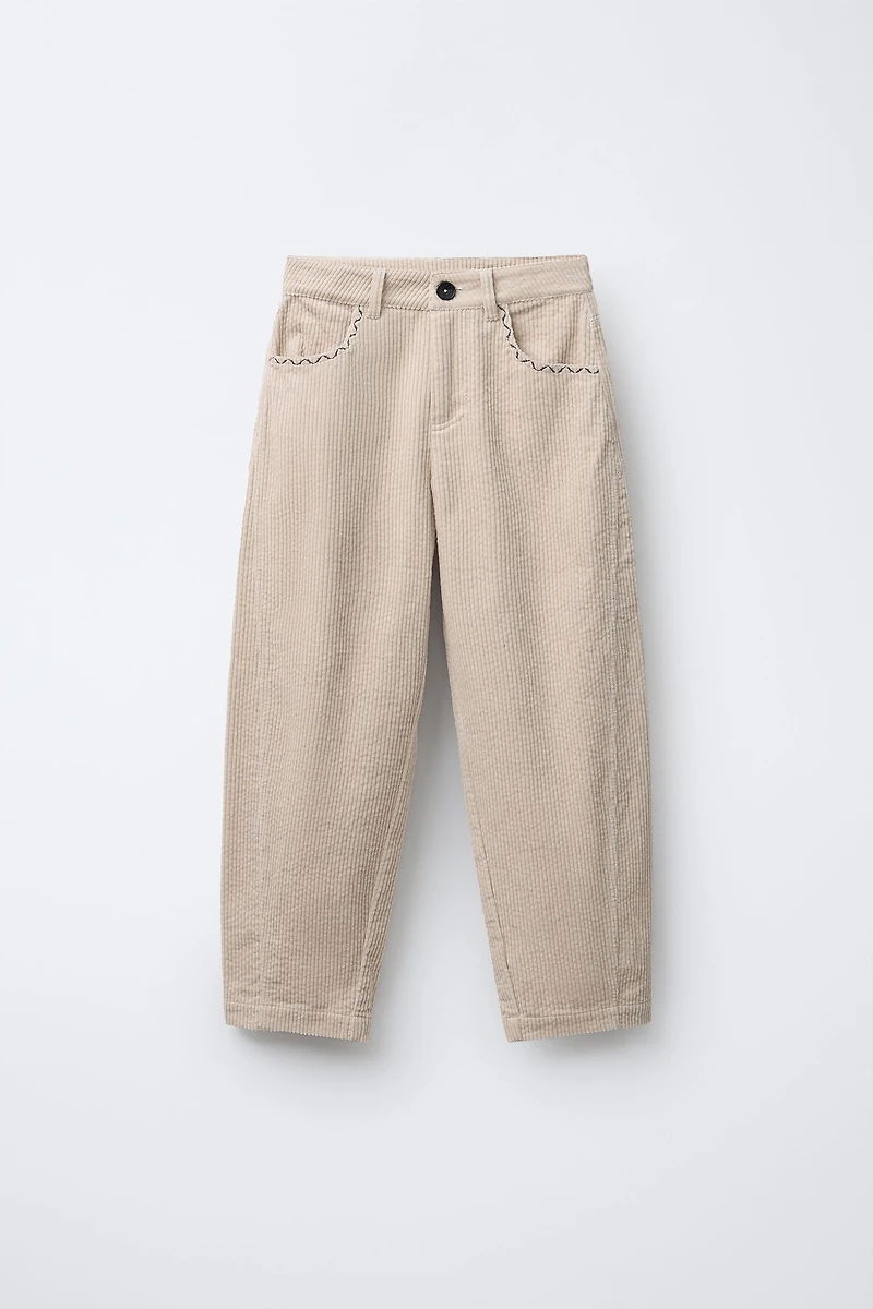 EMBROIDERED DETAIL CORDUROY BARREL PANTS