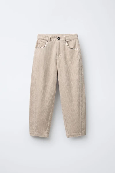EMBROIDERED DETAIL CORDUROY BARREL PANTS