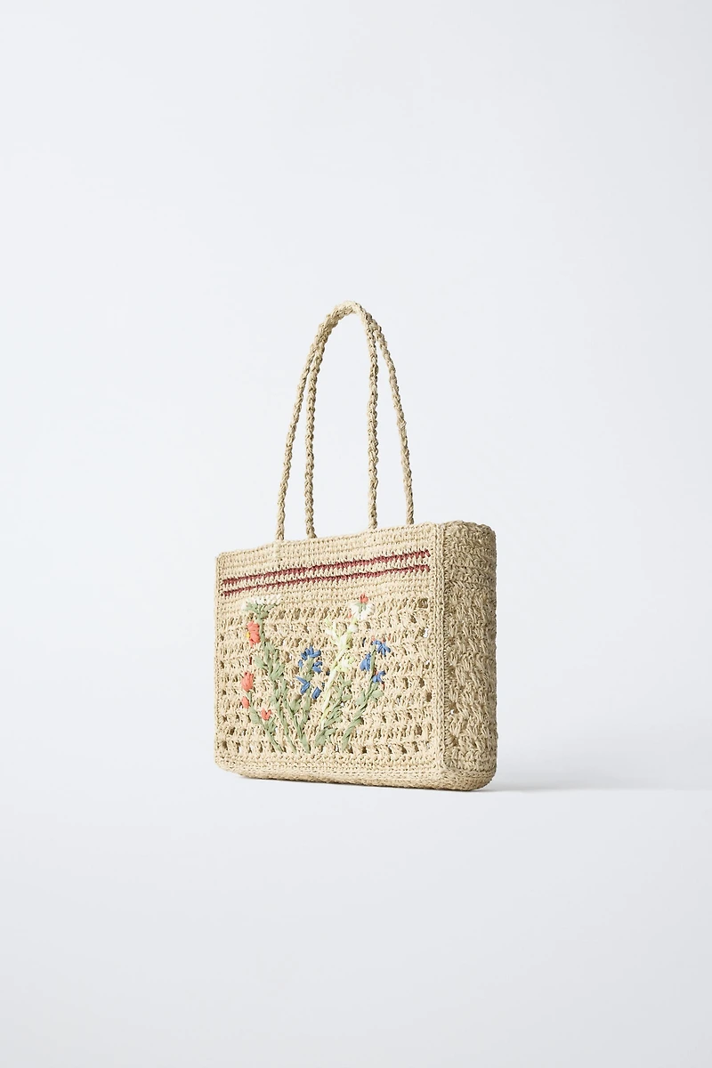 SAC SHOPPER EN RAFIA À FLEURS