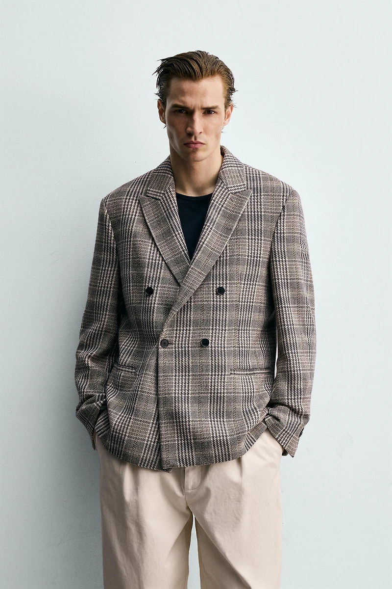 PLAID DOUBLE BREASTED BLAZER
