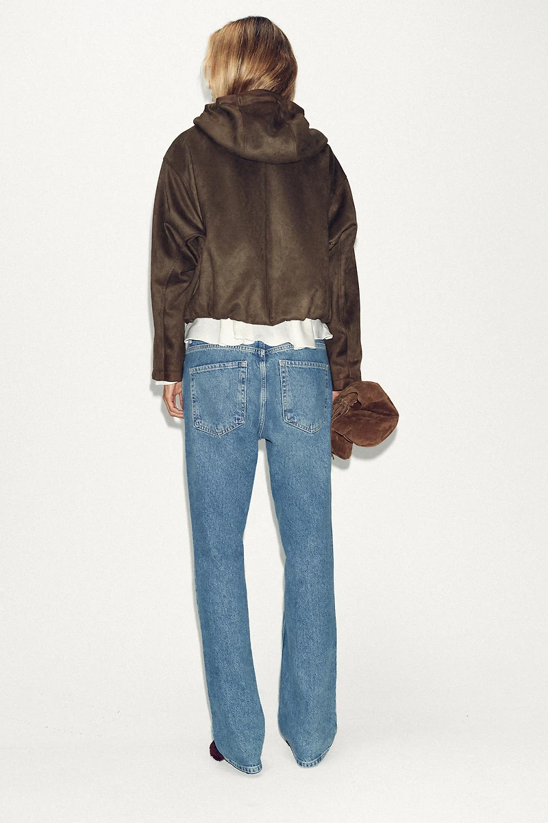 FAUX SUEDE HOODED BOMBER JACKET