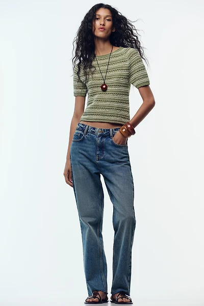 STRIPED TEXTURED KNIT SHORT SLEEVE TOP
