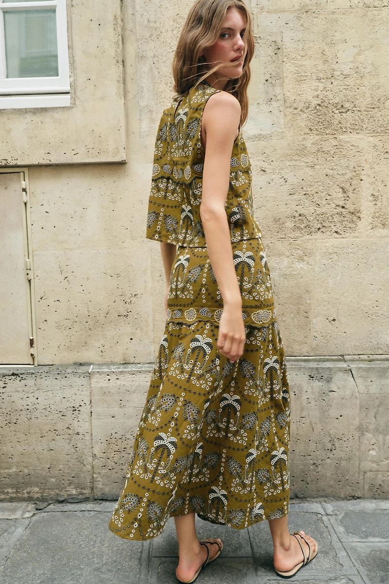 EMBROIDERED EYELET MIDI SKIRT