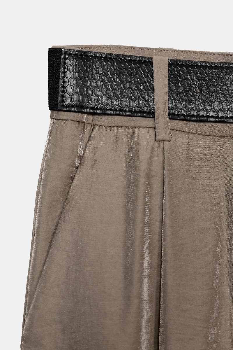 BELTED SATIN WIDE LEG PANTS