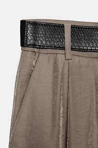 BELTED SATIN WIDE LEG PANTS